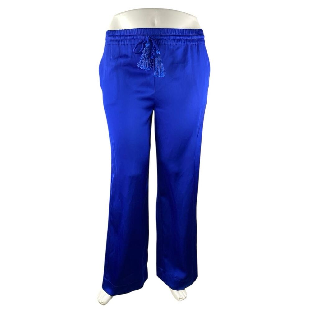 NEW Badgley Mischka Women's Blue High Rise Tassel Tie Wide Leg Trousers Pants L